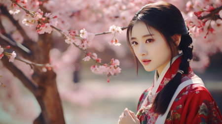 a Chinese girl in front of thousands of cherry blossoms.の素材