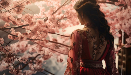a Chinese girl in front of thousands of cherry blossoms.の素材