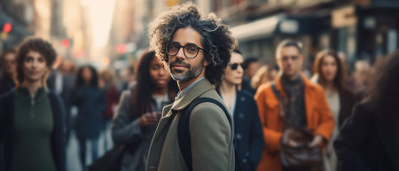 a person is walking through a crowd of people on a city street.の素材