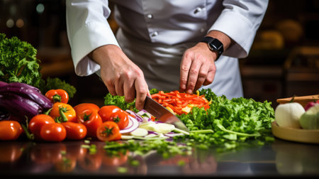A close-up shot of a chef's hands as he expertly cuts vegetables with a sharp knife.の素材