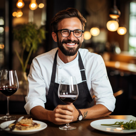 A photo of a chef enjoying a glass of wine and a delicious meal.の素材