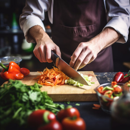 A close-up shot of a chef's hands as he expertly cuts vegetables with a sharp knife.の素材