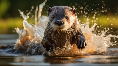 A curious and playful otter splashes through the water.の素材