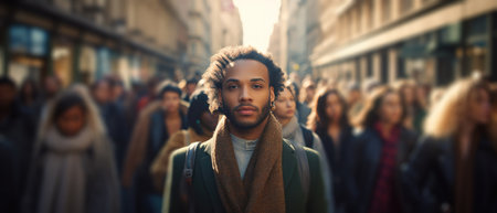a person is walking through a crowd of people on a city street.の素材