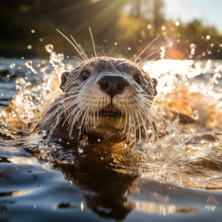 A curious and playful otter splashes through the water.の素材