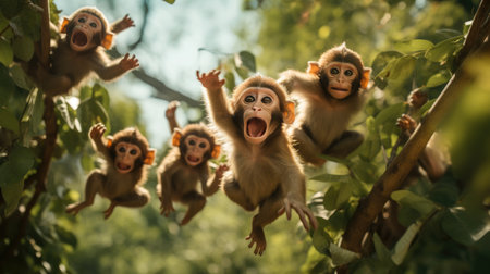 A playful group of monkeys swings through the trees.の素材