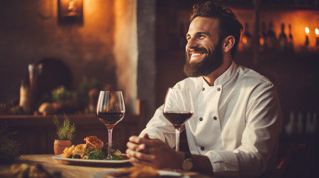 A photo of a chef enjoying a glass of wine and a delicious meal.の素材