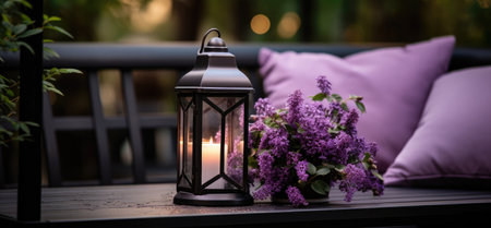 a purple lantern sits next to purple pillows and flowers.の素材