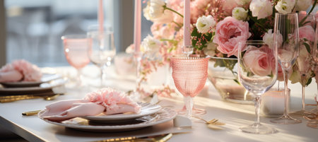 a table setting with pink and white flowers, silverware and champagne glasses.の素材