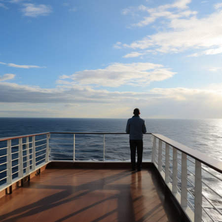 A serene image of a lone figure standing on the deck of a cruise ship.の素材
