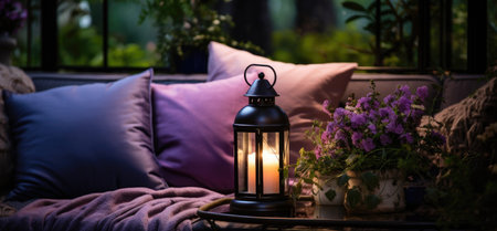 a purple lantern sits next to purple pillows and flowers.の素材
