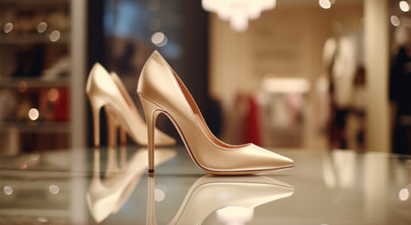 an individual high heel shoe standing in a fashion store.の素材