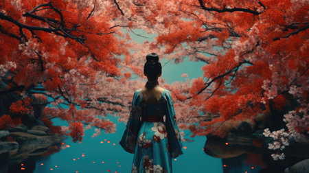 a woman wearing a red kimono walks alongside white blossoms.の素材