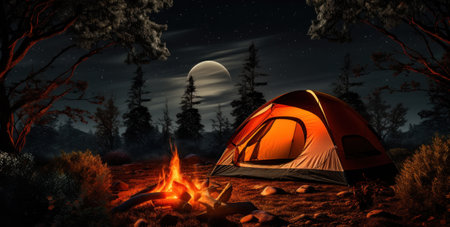 camping tent with fire pit in summer.の素材