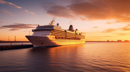 An evocative shot of a cruise ship departing from port at sunset.の素材