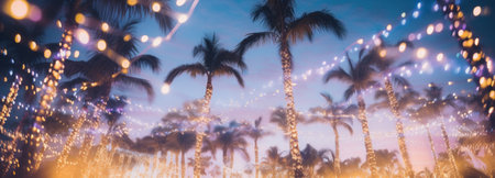holiday lights shining in the evening in palm trees.の素材
