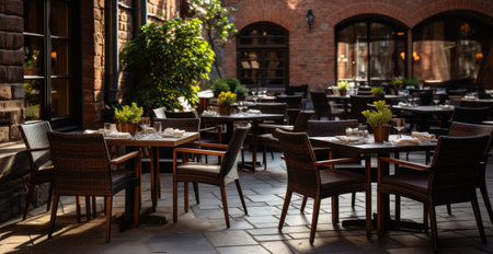 outdoor restaurant sitting chairs with tables outside next to a brick street wall.の素材