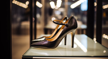 high heel black shoes in wardrobe at a fashion boutique in a fashion district.の素材