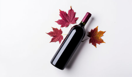 red wine bottle with autumn leaves on a white background.の素材