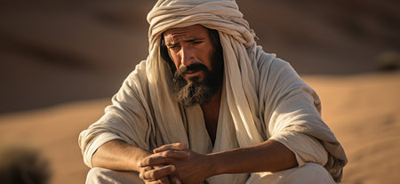 a man sitting in the desert wearing a white turban.の素材