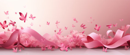 pink ribbon with floating petals surrounded by white space.の素材