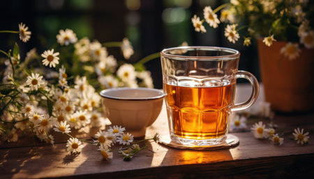 hot tea on a table beside chamomile flowers and leaves.の素材