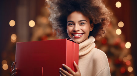 a woman carrying a red box.の素材