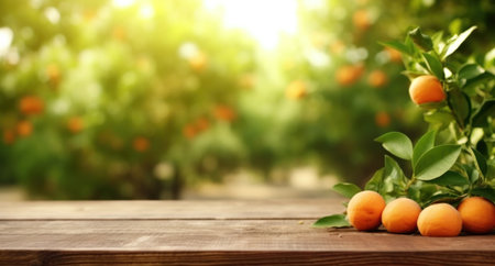 wooden table in an orange orchard.の素材