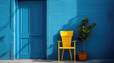 a blue and yellow door and chair against a blue wall.の素材