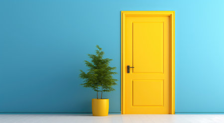 bright yellow door sits on a blue wall.の素材