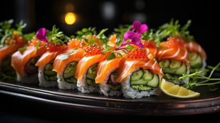 appetizers with smoked salmon, cucumber and fresh onion.の素材