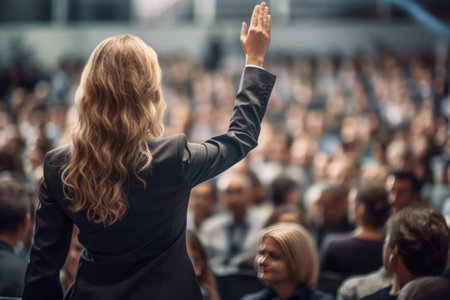 a businesswoman in a conference looking at an audience raising her hand.の素材
