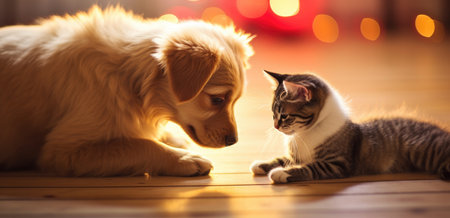 a dog is kissing a kitten on the floor with red stockings.の素材