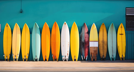 a colorful gang of surf boards is leaning against a wooden door.の素材