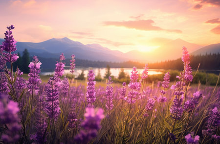 a field of lavender flowers with a field background.の素材
