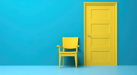 a yellow door, chair and blue wall yellow door.の素材