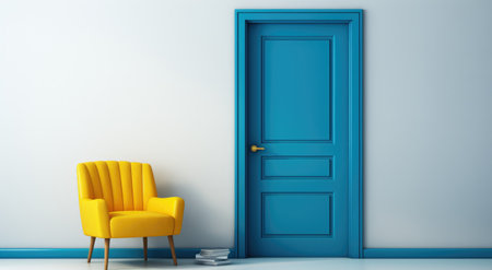a yellow door, chair and blue wall yellow door.の素材