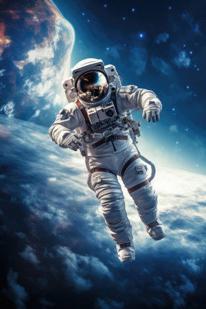 In vibrant space, an explorer in a cosmic ballet, with abundant copy space.の素材