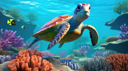 an ocean scene with an turtle and marine life.の素材