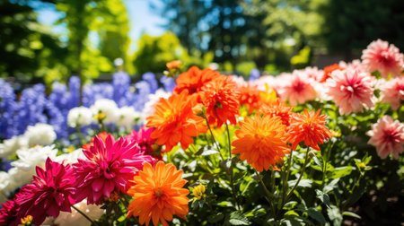 Vivid garden with vibrant flowers, flourishing plants, and ample space for your message.の素材
