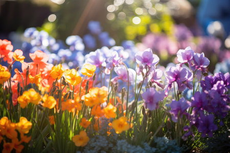 Vivid garden with vibrant flowers, flourishing plants, and ample space for your message.の素材