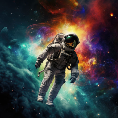 Astronaut in vivid space, adorned with stars, planets, and expansive copy space for text.の素材