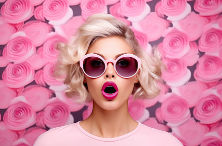 attractive blonde woman posing in sunglasses with her face looking surprised.の素材