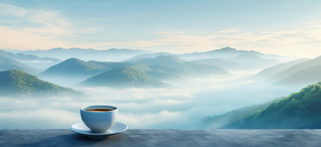coffee cup on top of a mountain with fog.の素材