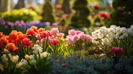 Vivid garden with vibrant flowers, flourishing plants, and ample space for your message.の素材