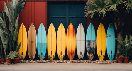 a colorful gang of surf boards is leaning against a wooden door.の素材