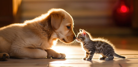 a dog is kissing a kitten on the floor with red stockings.の素材
