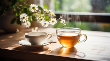 a cup of tea with flowers on a wooden table.の素材