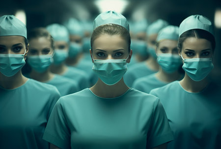 a group of women in nurses' uniforms with surgical masks.の素材