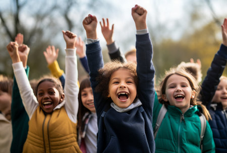 a group of children raising their hands in class.の素材